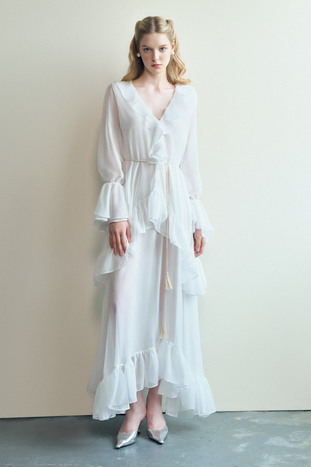 Seréne A-line Bishop Sleeved Organza Voile Maxi Dress