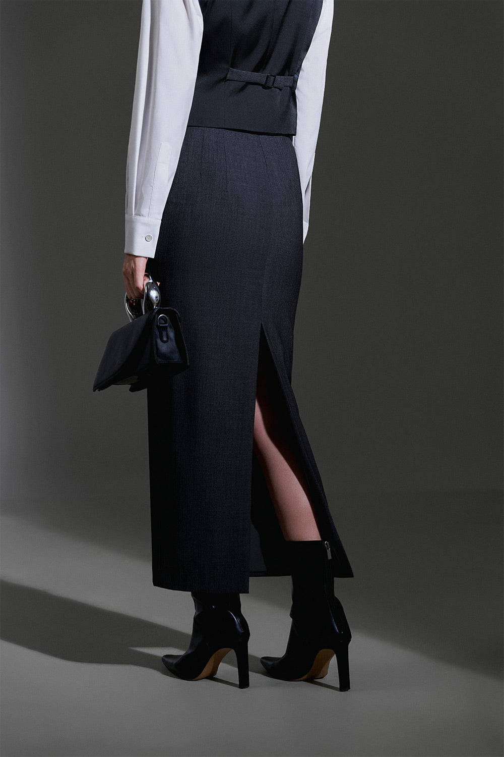 Zelda Pencil Back Slit Wool Blend Maxi Skirt