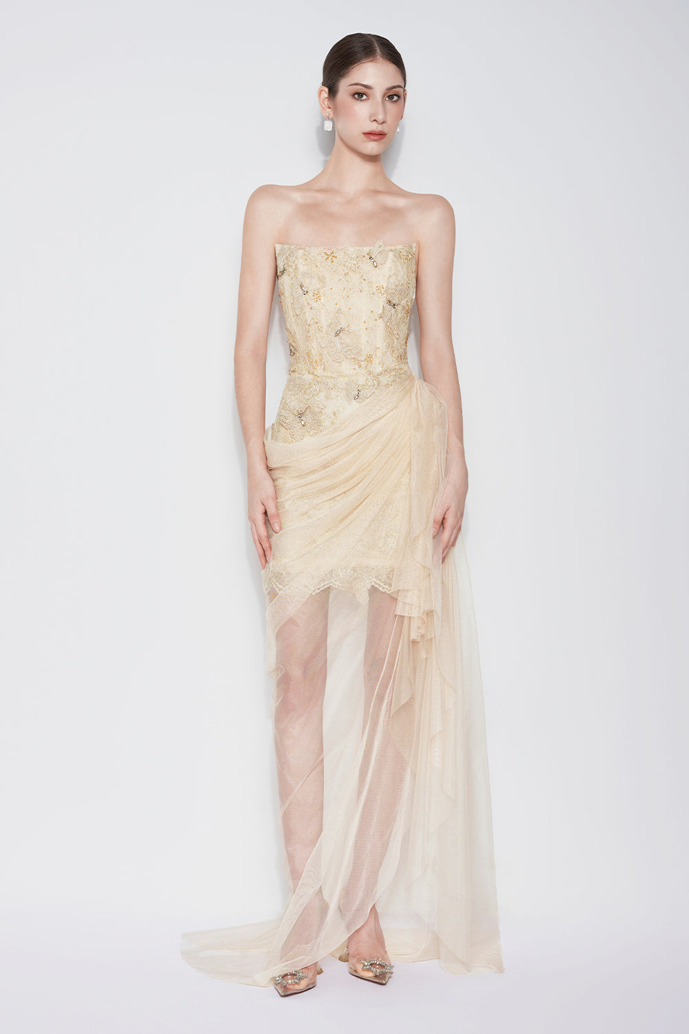 Butterfly Reverie Sarong Semi-Heart Neck Lace Floor Length Dress