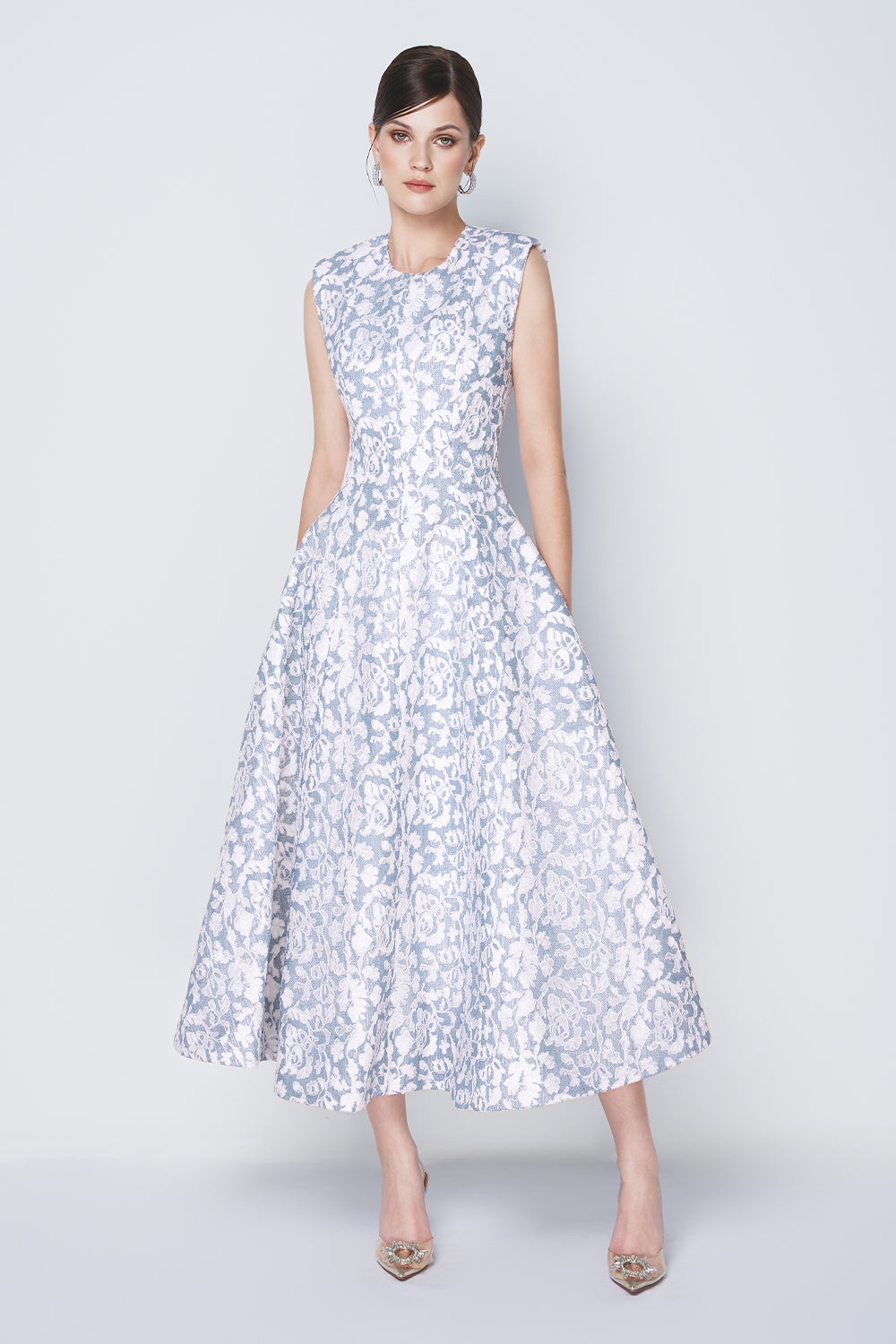 Azure Dream Fit and Flare Sleeveless Taffeta Midi Dress