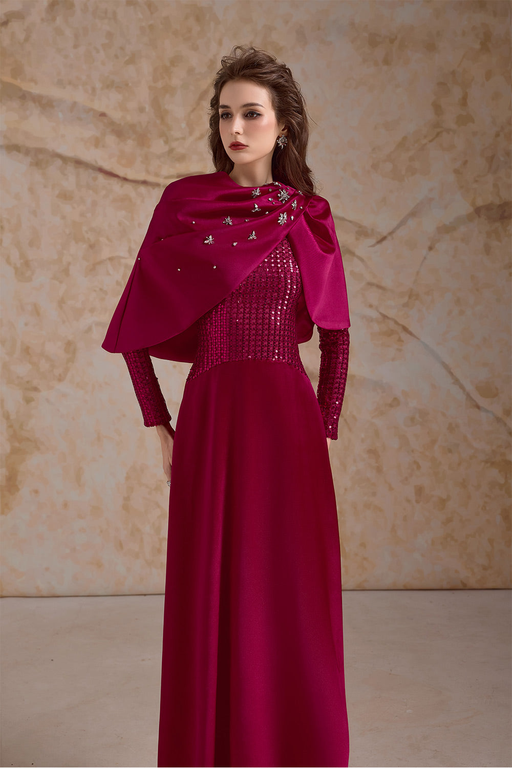 Fleuris A-line Long Sleeved Satin Floor Length Dress