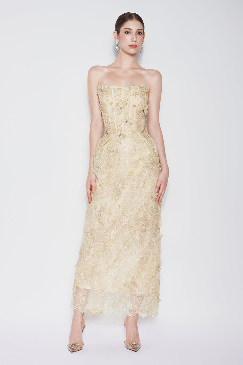 Butterfly Reverie Strapless Embroidered Lace Maxi Dress