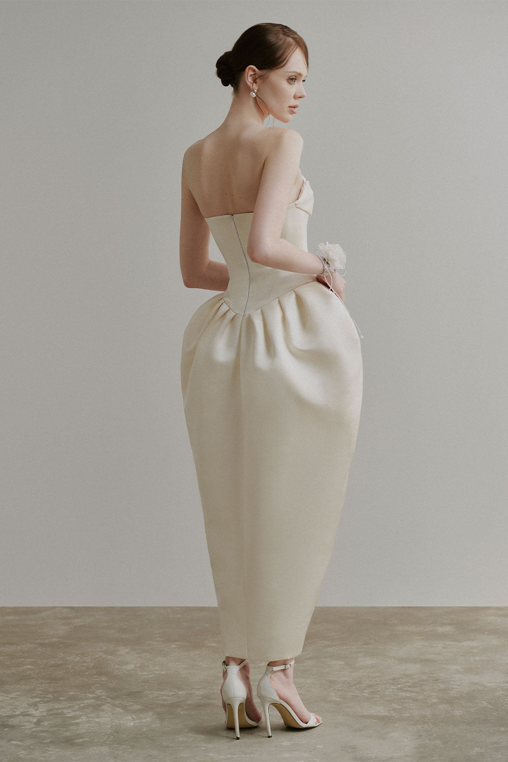 Audrey Tulip Semi-Heart Neck Duchess Satin Midi Dress