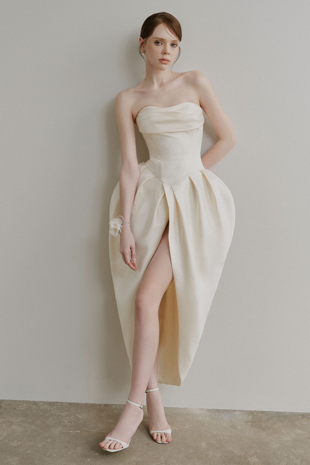 Audrey Tulip Semi-Heart Neck Duchess Satin Midi Dress