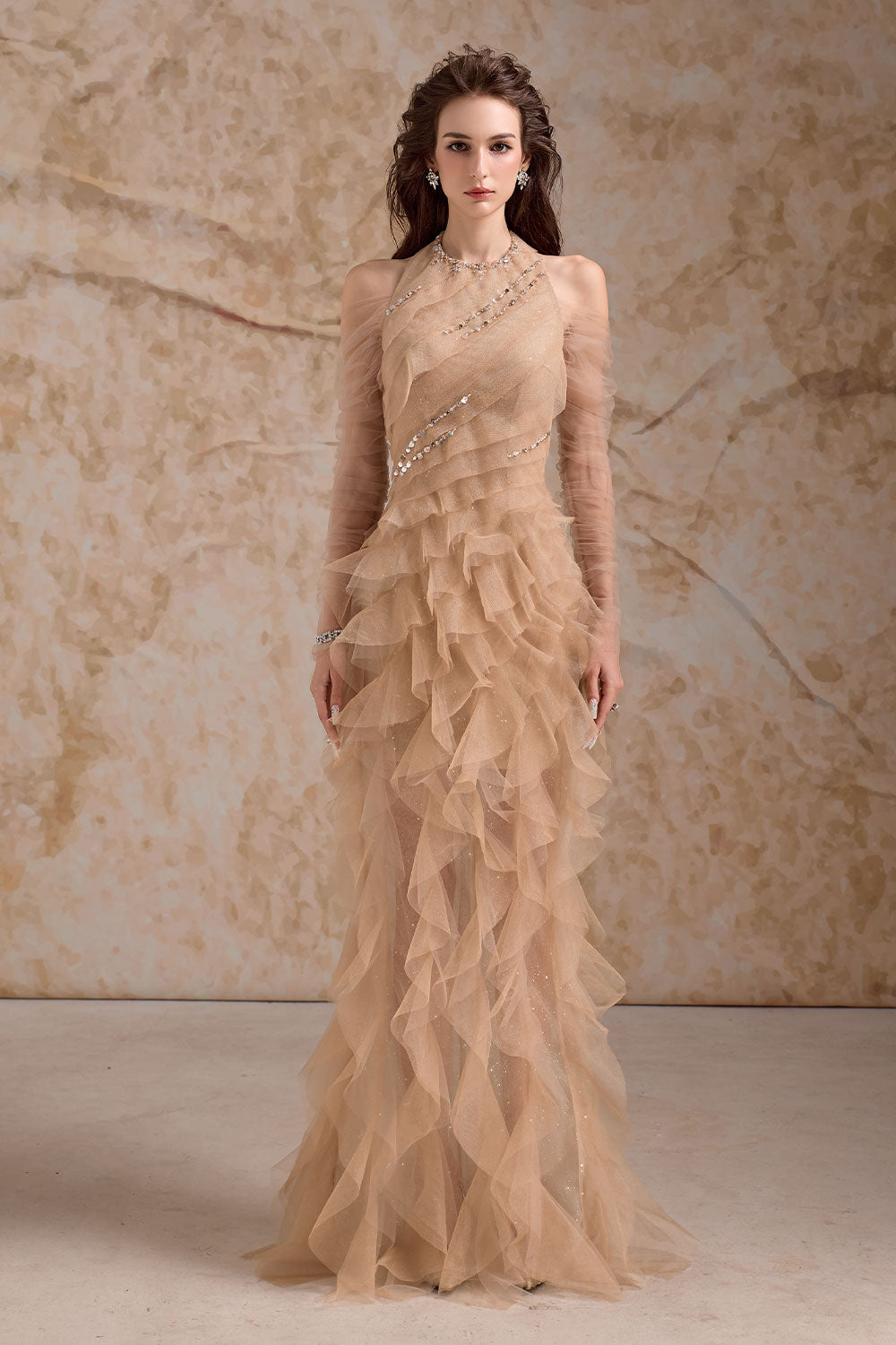 Aurielle Sheath Ruffle Trim Mesh Floor Length Dress