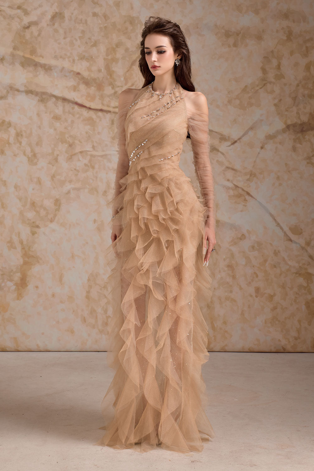 Aurielle Sheath Ruffle Trim Mesh Floor Length Dress