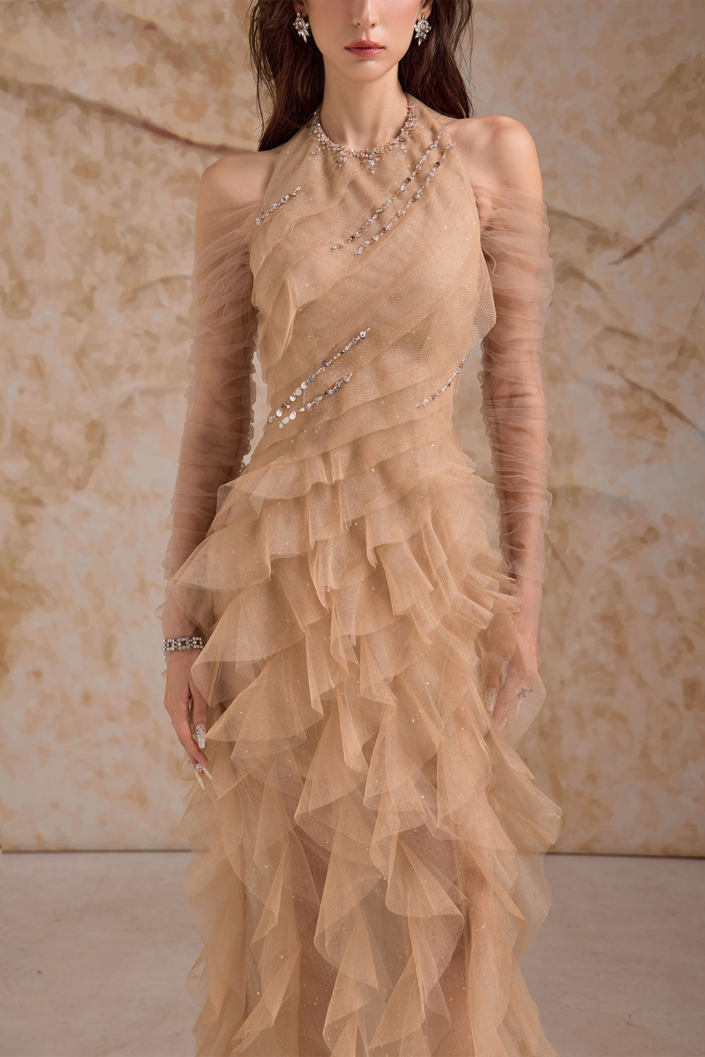 Aurielle Sheath Ruffle Trim Mesh Floor Length Dress