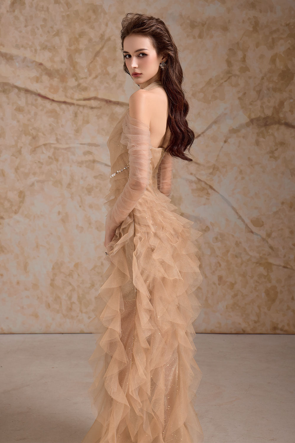 Aurielle Sheath Ruffle Trim Mesh Floor Length Dress