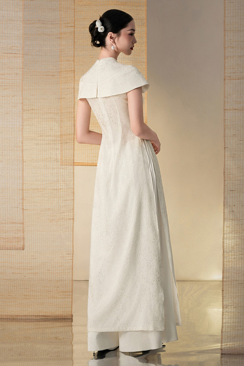 Bach Ngoc A-line Cape Sleeved Brocade Floor Length Ao Dai Set