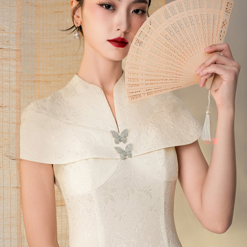 Bach Ngoc A-line Cape Sleeved Brocade Floor Length Ao Dai Set