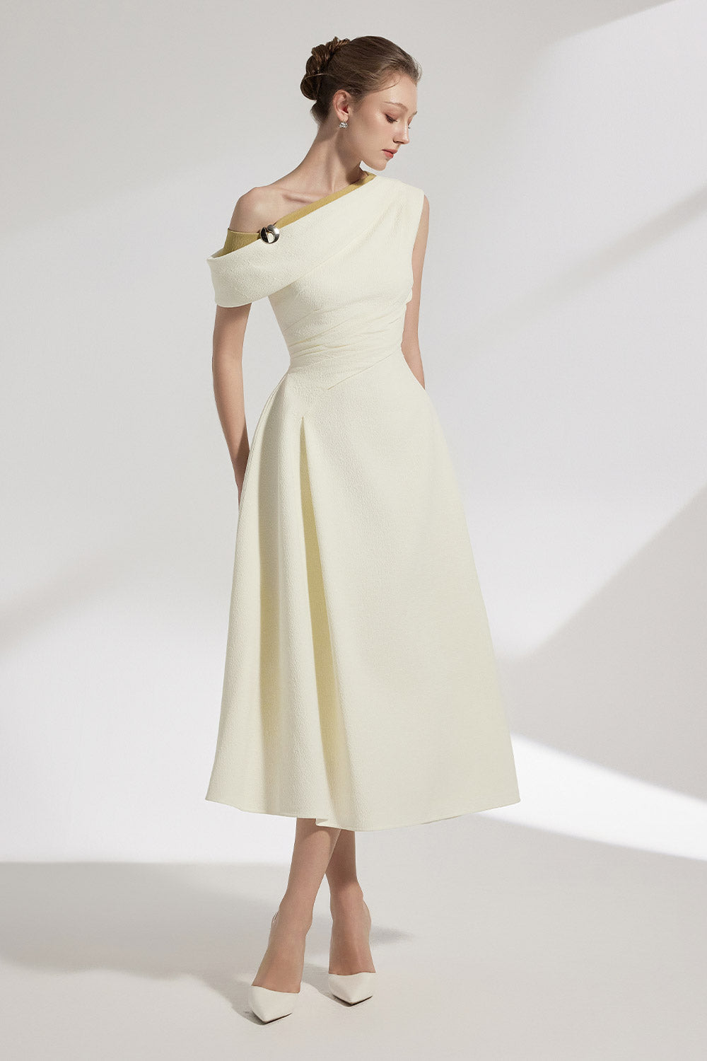 elan dress Women's Elan A-line Diagonal Neck Texture Midi Dress XS/S/M/L/XL/Customize Cream MEAN BLVD Cream / L