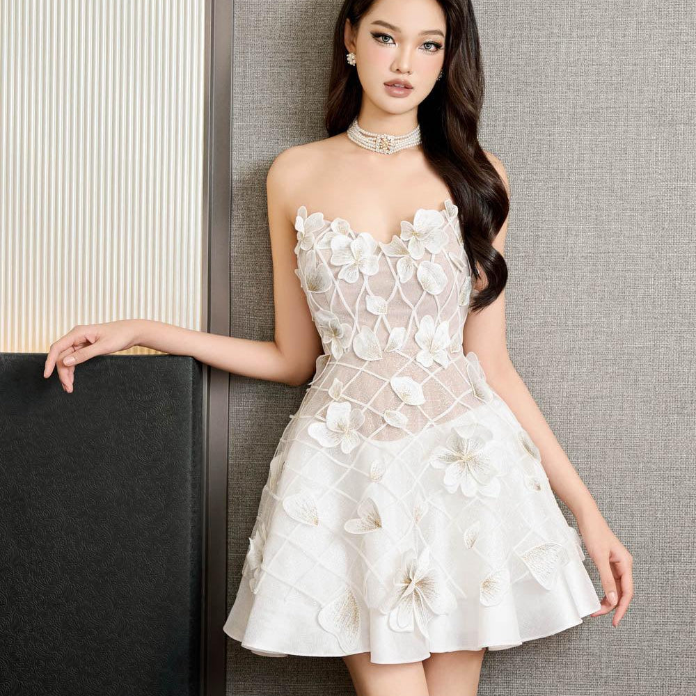 Lavish Fest A-line Flower Applique Mesh Taffeta Mini Dress