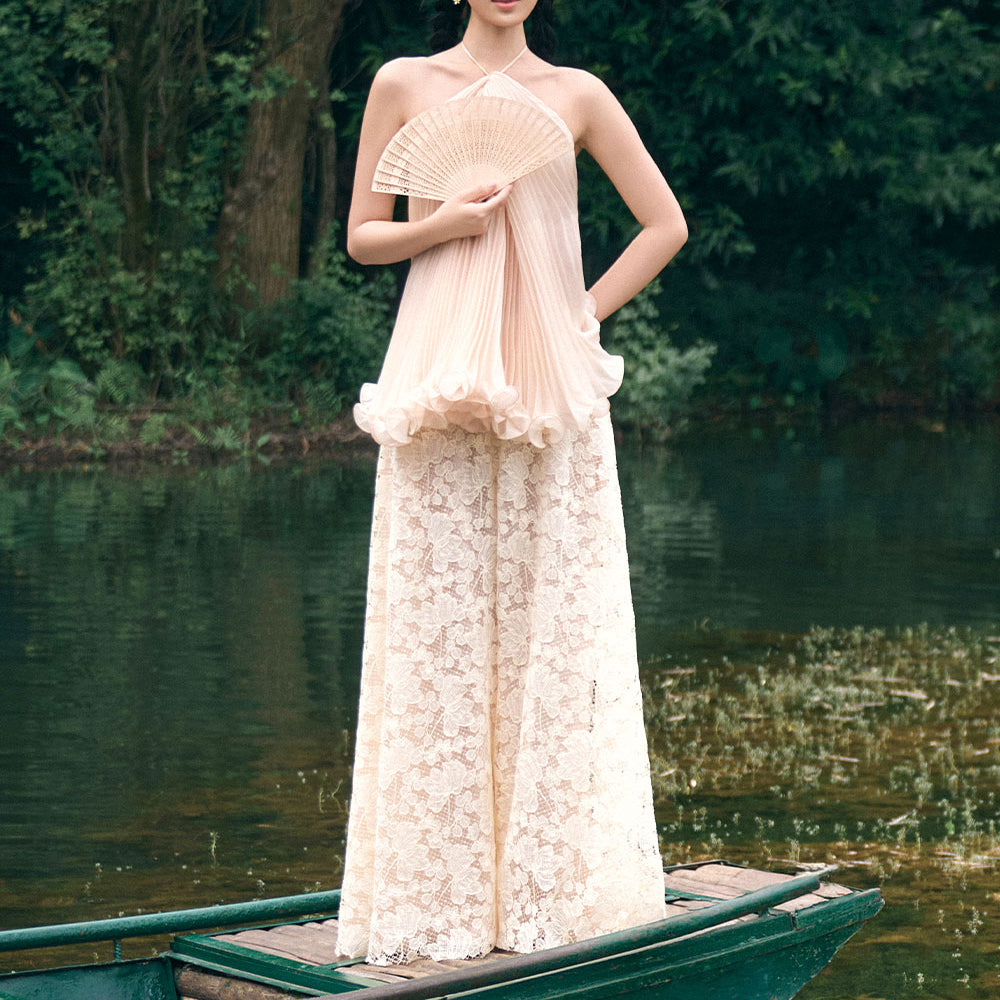 Thanh Di Flared Wide Leg Lace Floor Length Pants