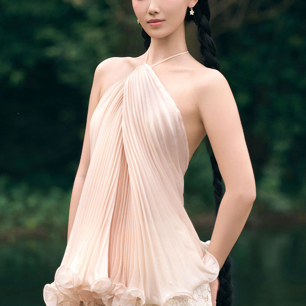 Thanh Di Halter Pleated Organza Top