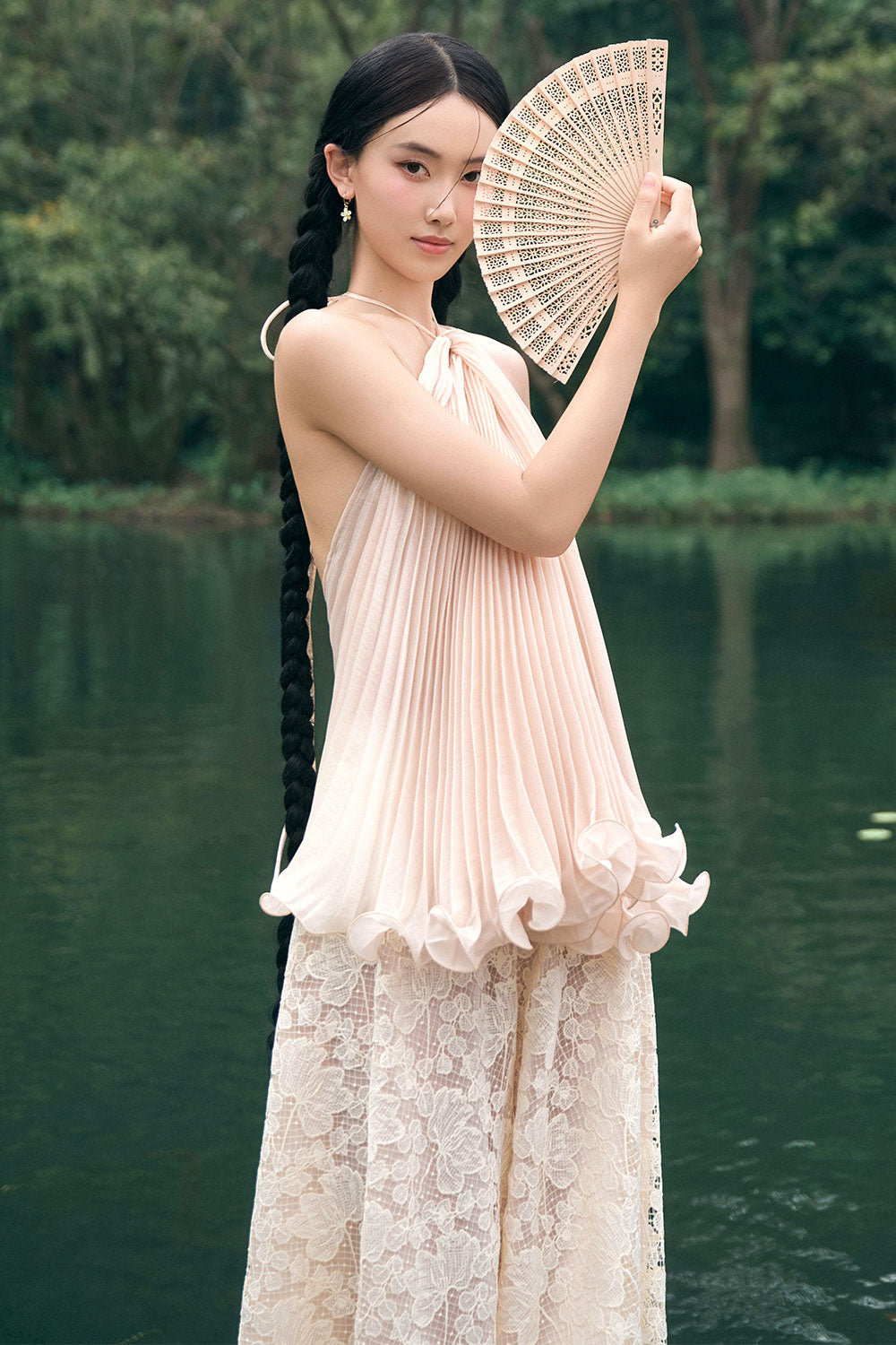 Thanh Di Halter Pleated Organza Top