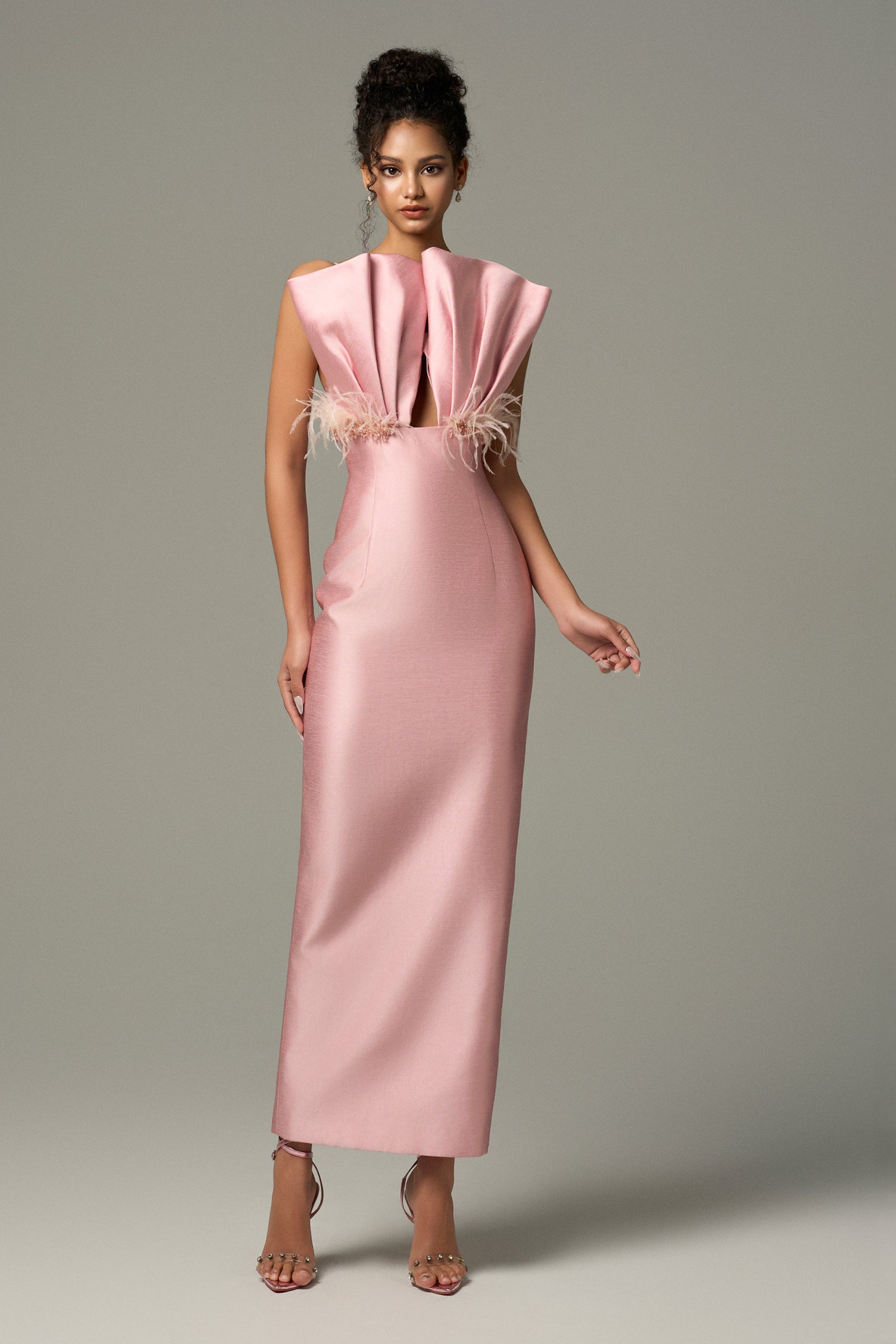 Seeshell Plume Feather & Crystal Embellished Maxi Dress With Draped Bust Cup