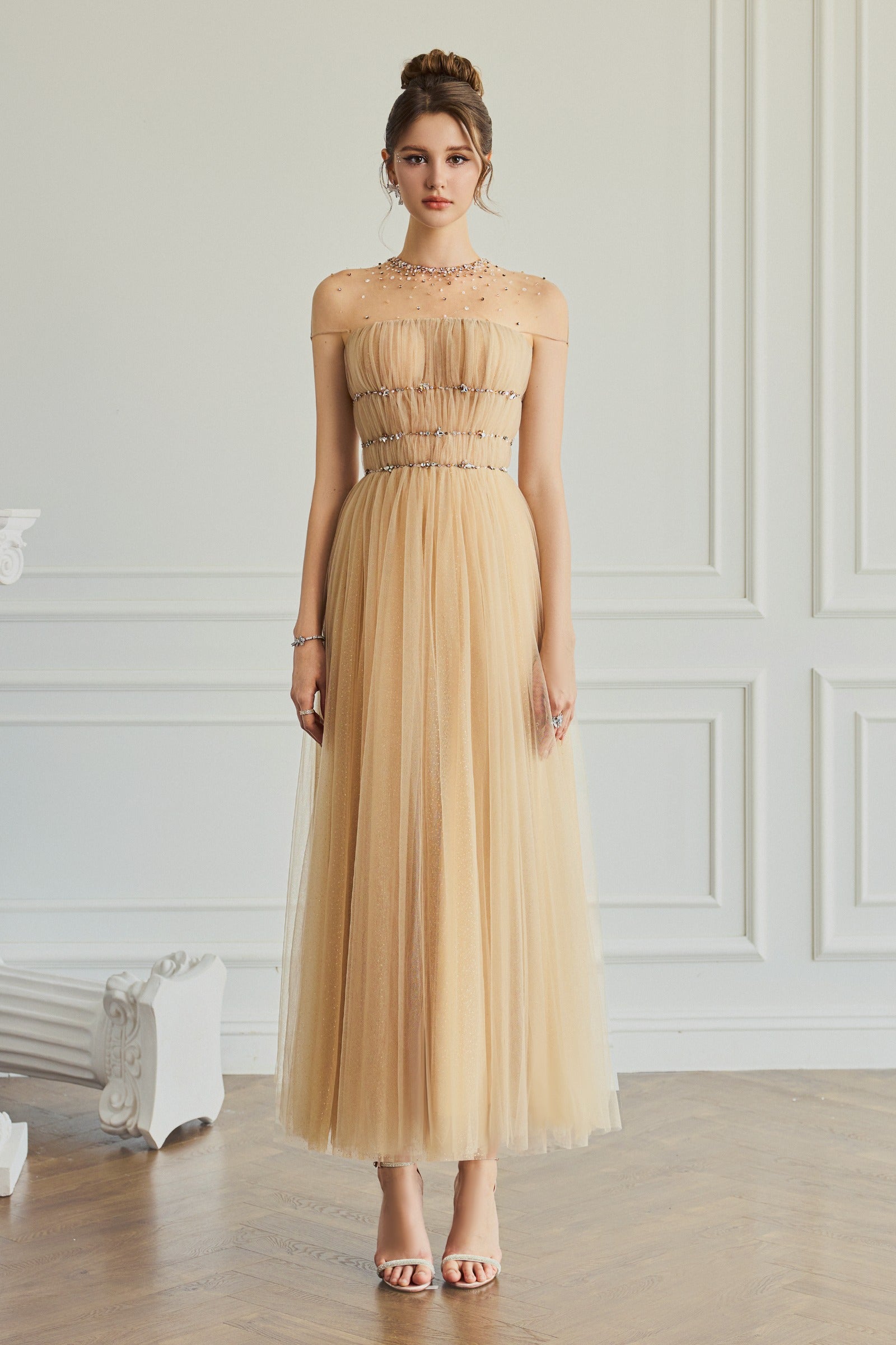 Women's Isolde Ruched Midi Dress Champagne S/M/L/Customize MEAN BLVD, Champagne / S