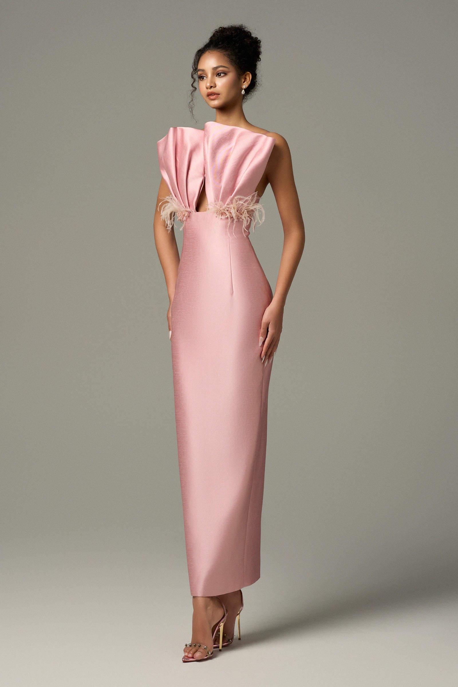 Seeshell Plume Feather & Crystal Embellished Maxi Dress With Draped Bust Cup