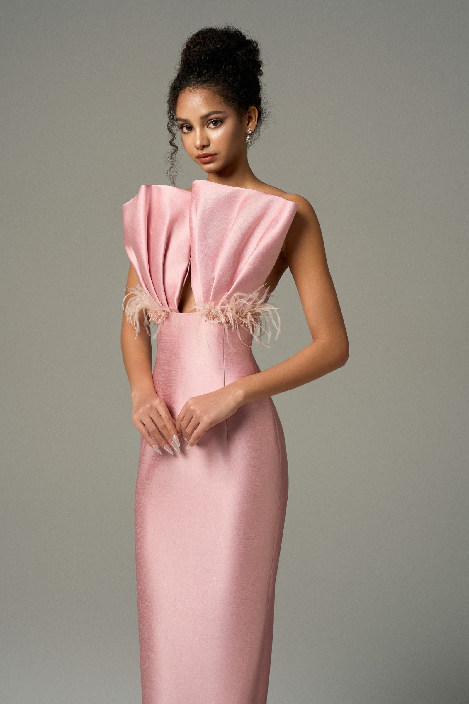 Seeshell Plume Feather & Crystal Embellished Maxi Dress With Draped Bust Cup