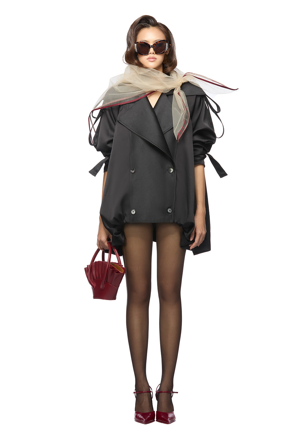 Latonya Asymmetric Double Breasted Poly Organza Coat