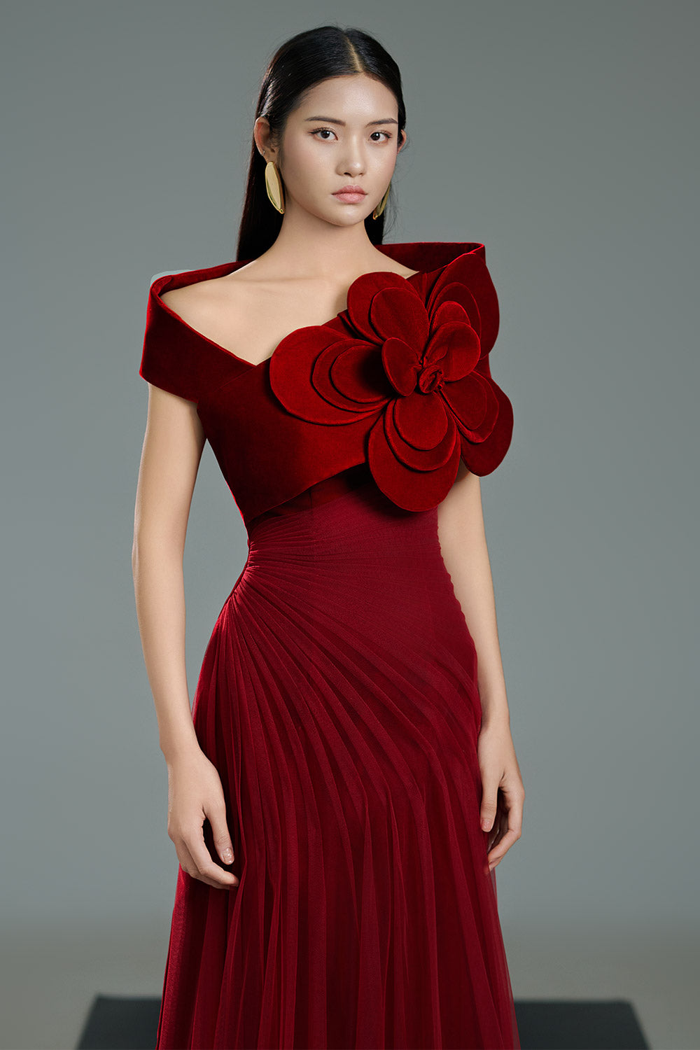 Lester A-line Side Pleated Polyester Floor Length Dress