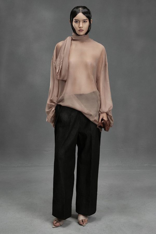 Shrimp Straight Scarf Neck Chiffon Top