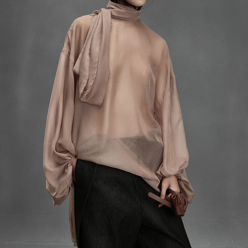 Shrimp Straight Scarf Neck Chiffon Top