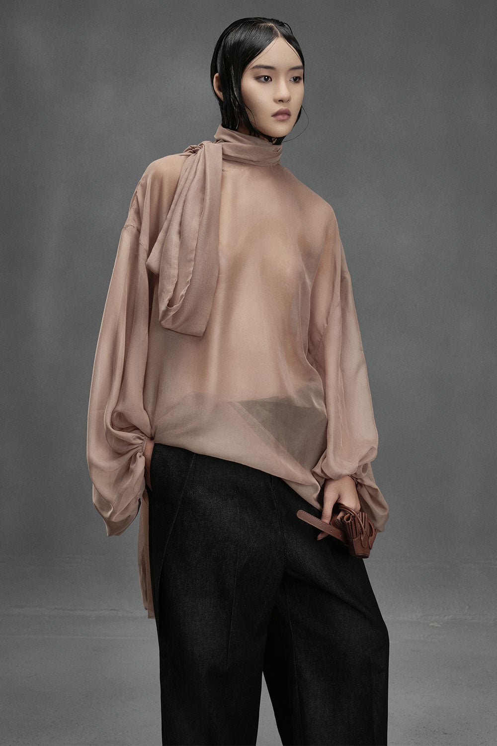 Shrimp Straight Scarf Neck Chiffon Top