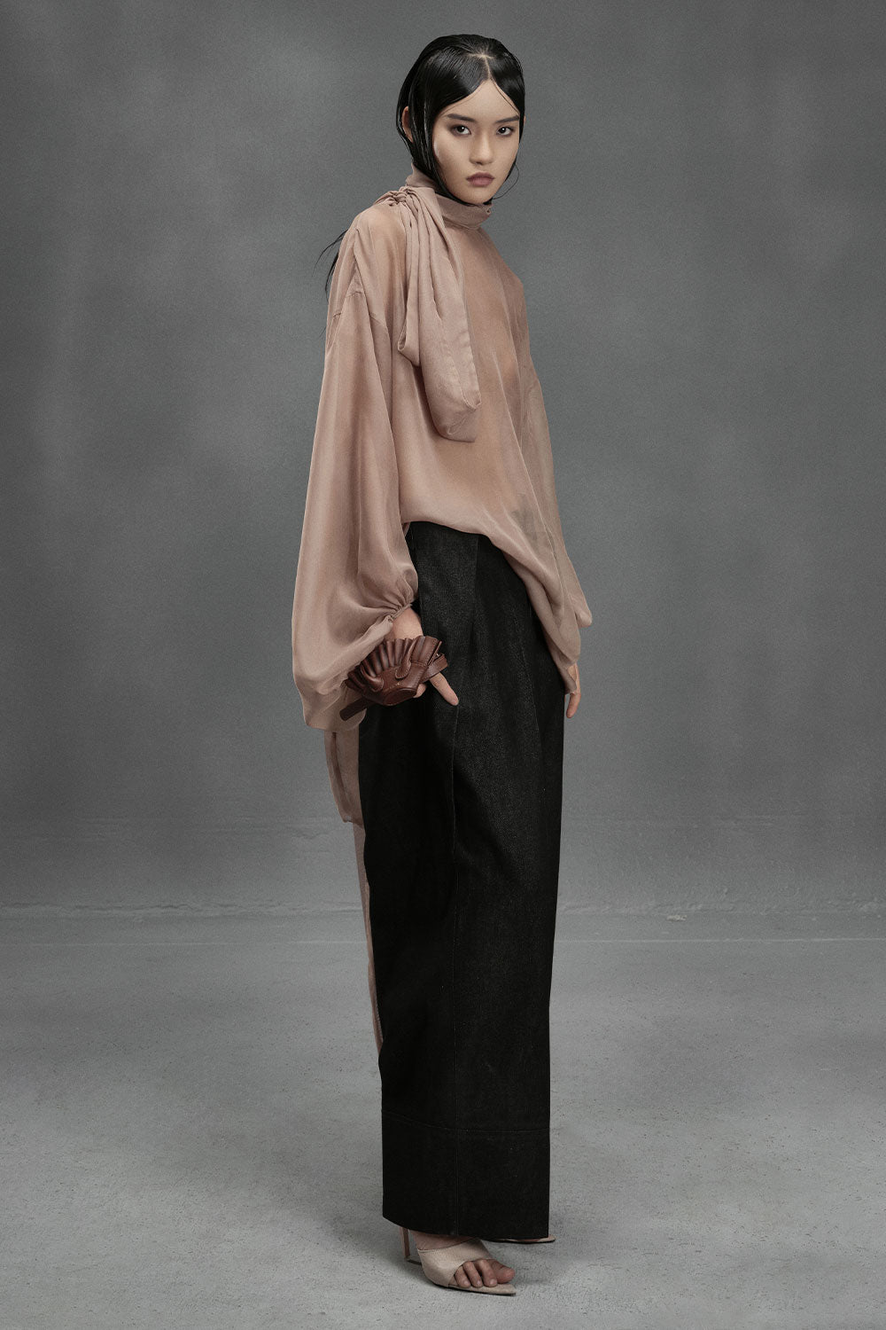 Shrimp Straight Scarf Neck Chiffon Top