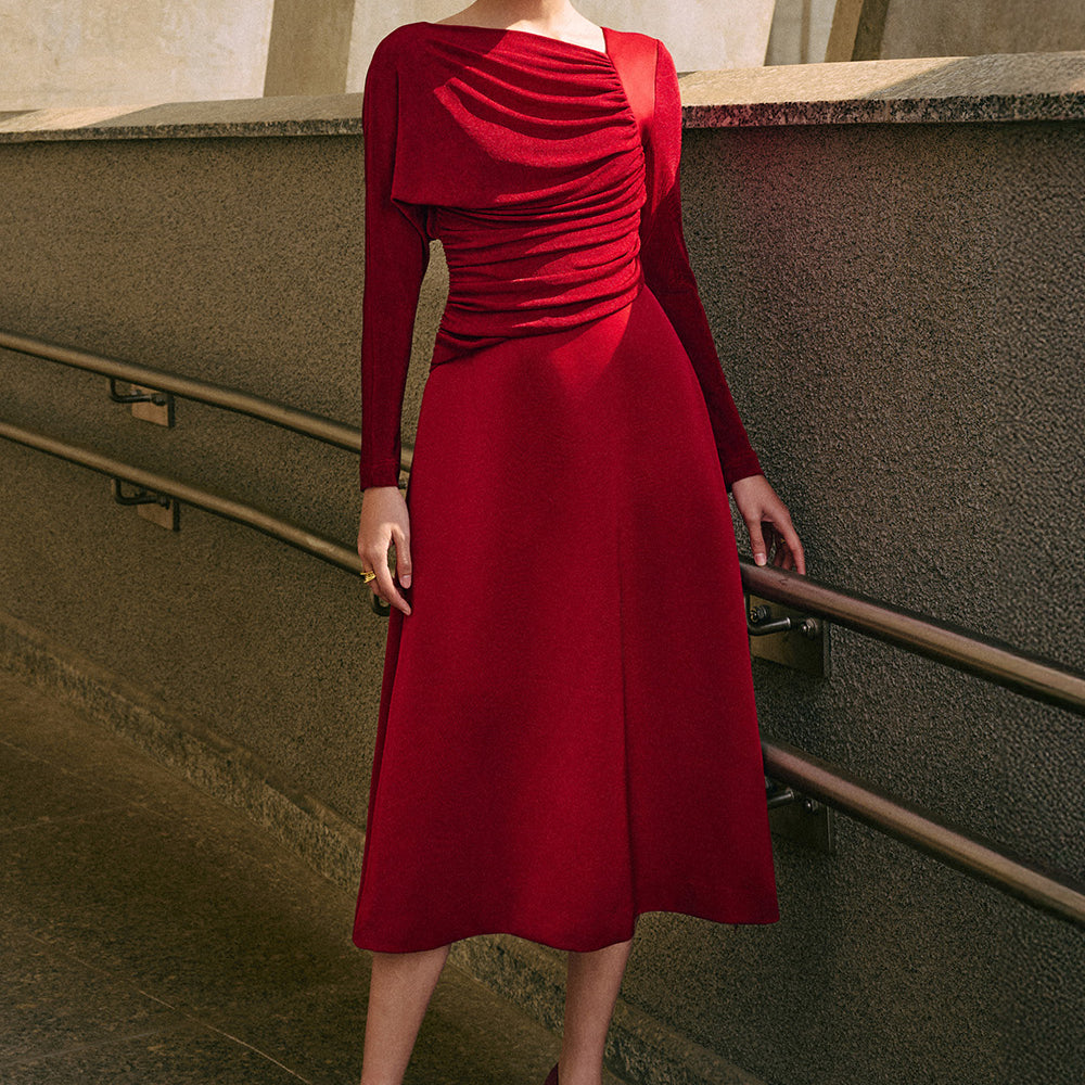 Bright A-line Diagonal Neck Spandex Taffeta Calf Length Dress