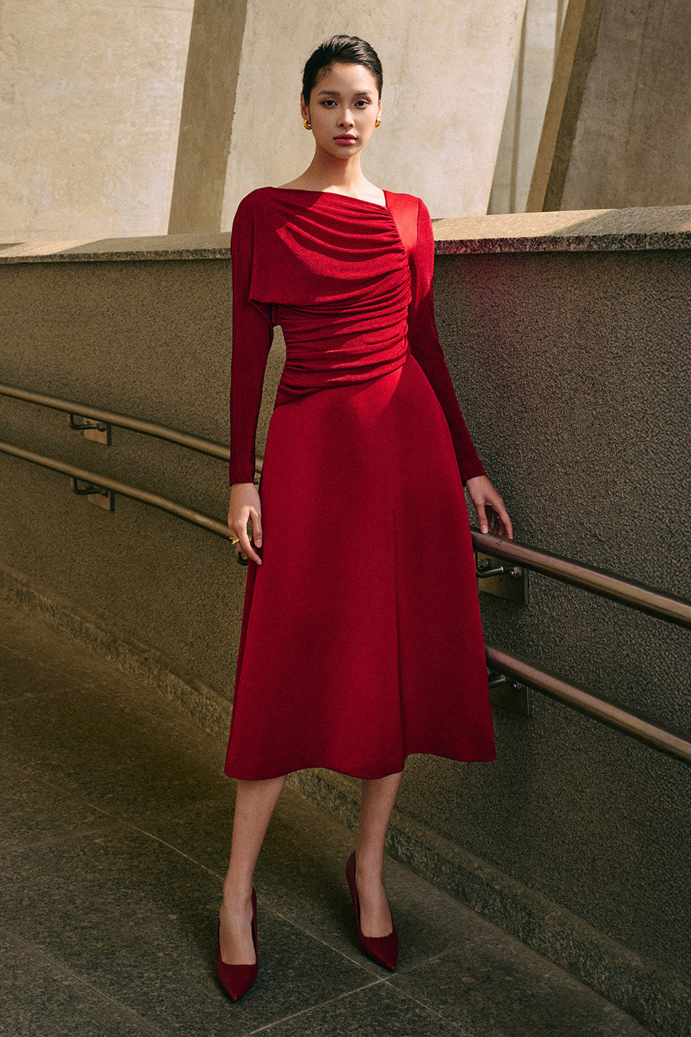 Women's Bright A-line Diagonal Neck Spandex Taffeta Calf Length Dress  S/M/L/XL/Customize Caramel Brown/Red MEAN BLVD