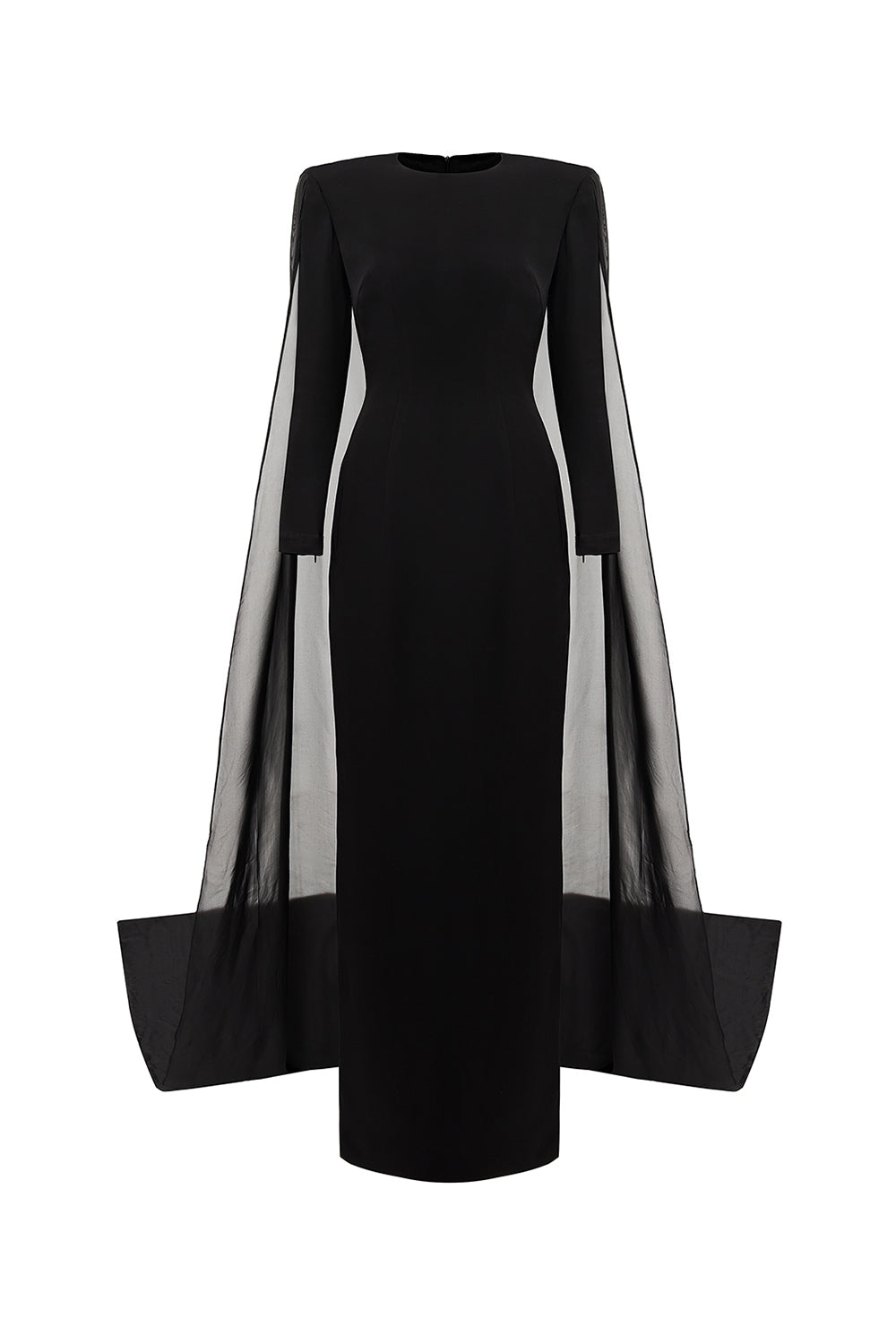 Savanna Sheath Cape Shoulder Crepe Maxi Dress