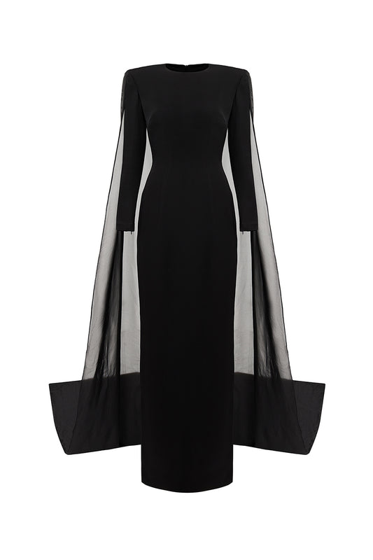 Savanna Sheath Cape Shoulder Crepe Maxi Dress