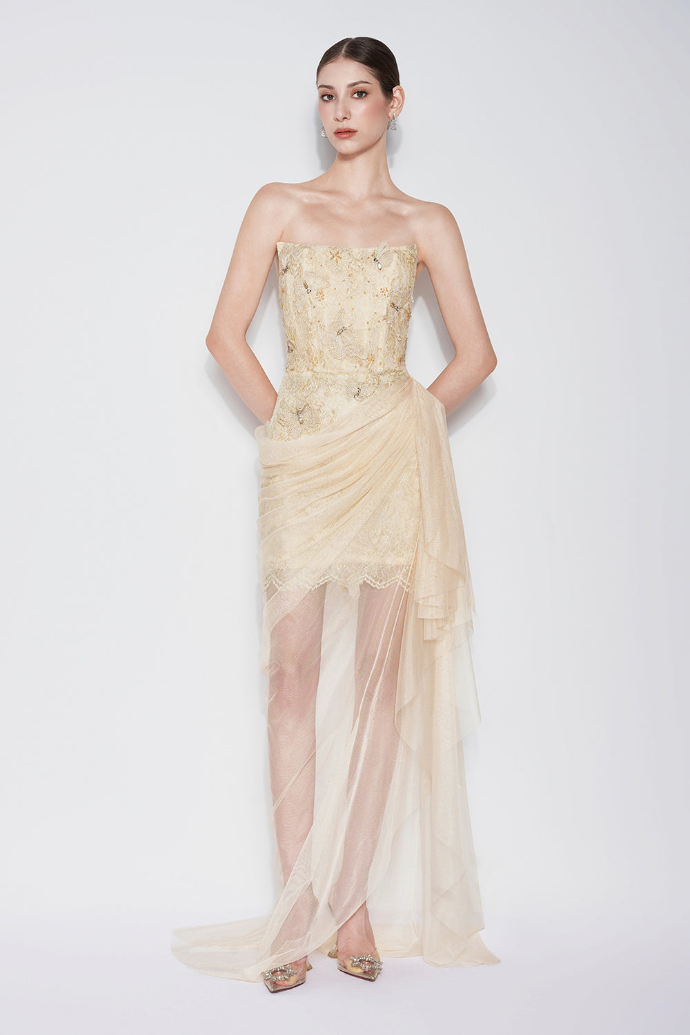 Butterfly Reverie Sarong Semi-Heart Neck Lace Floor Length Dress