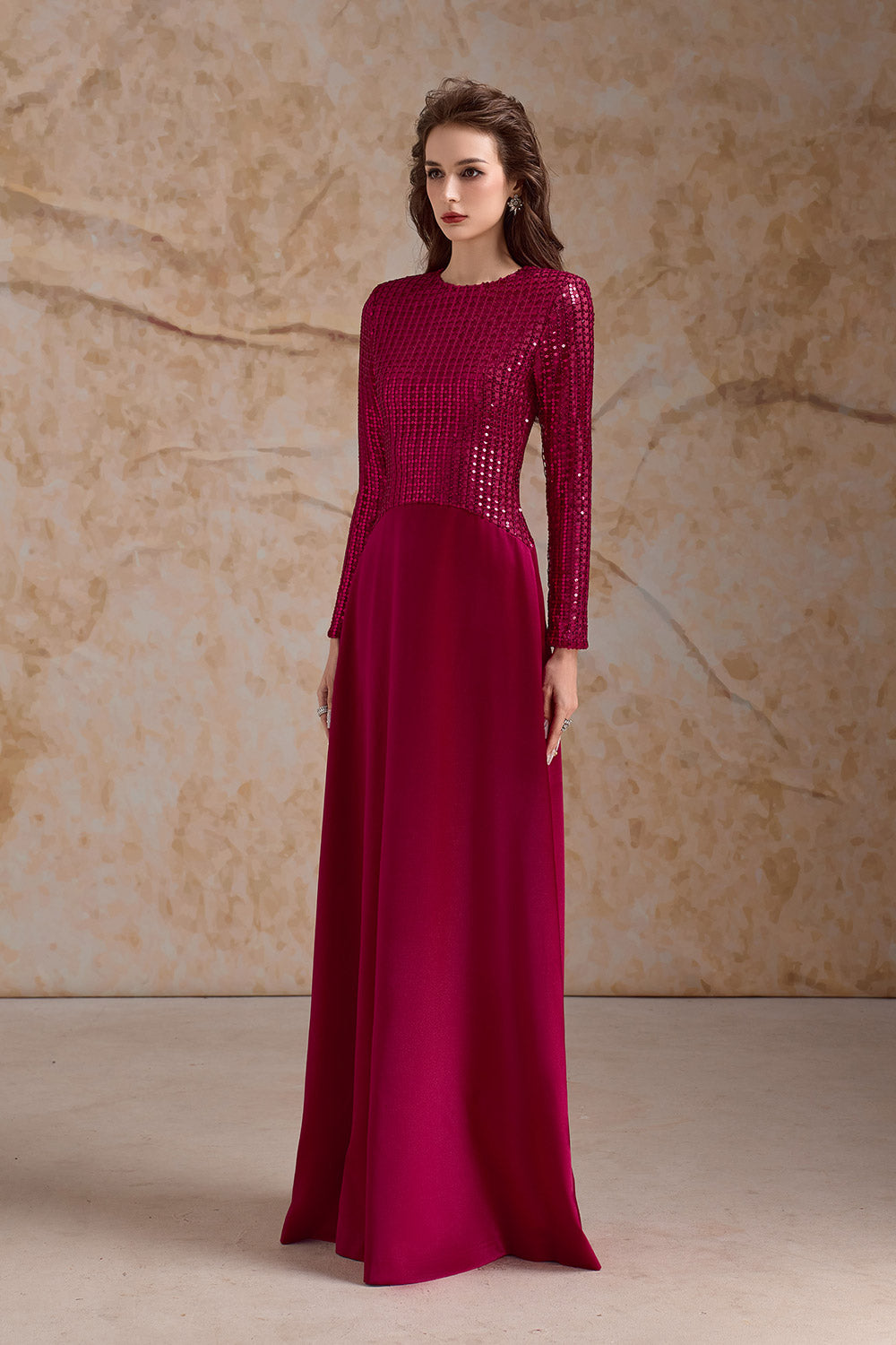 Fleuris A-line Long Sleeved Satin Floor Length Dress