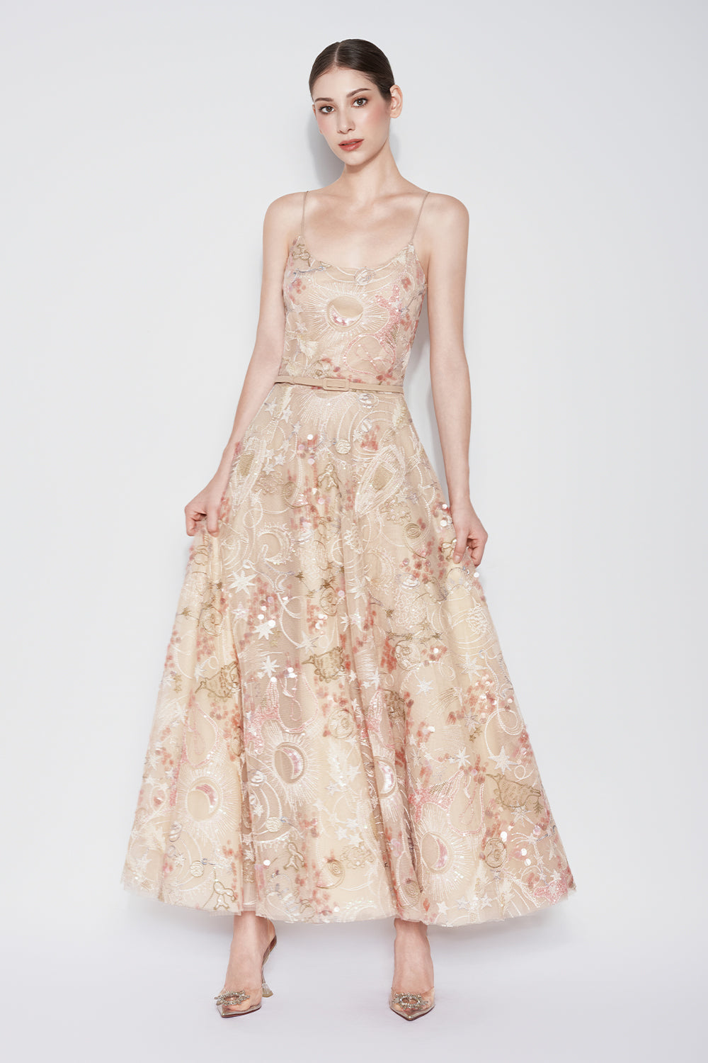 spaghetti strap embroidered dress Terani Couture 261E6632 - Long Mikado Sheath Dress - Spaghetti Straps, 3D Floral Applique, Beading, High Slit, Sweep Train 2 / Blush