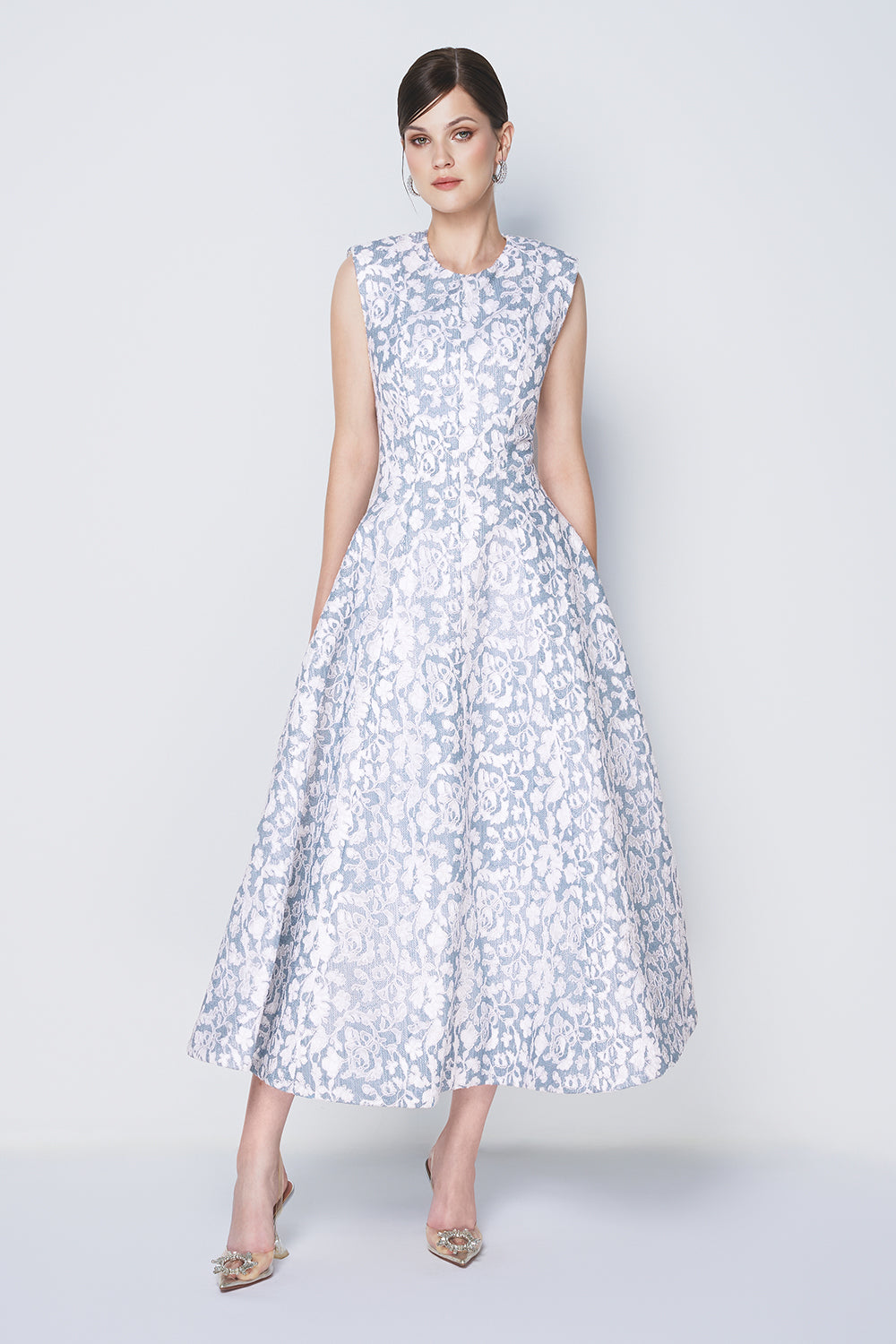 Azure Dream Fit and Flare Sleeveless Taffeta Midi Dress