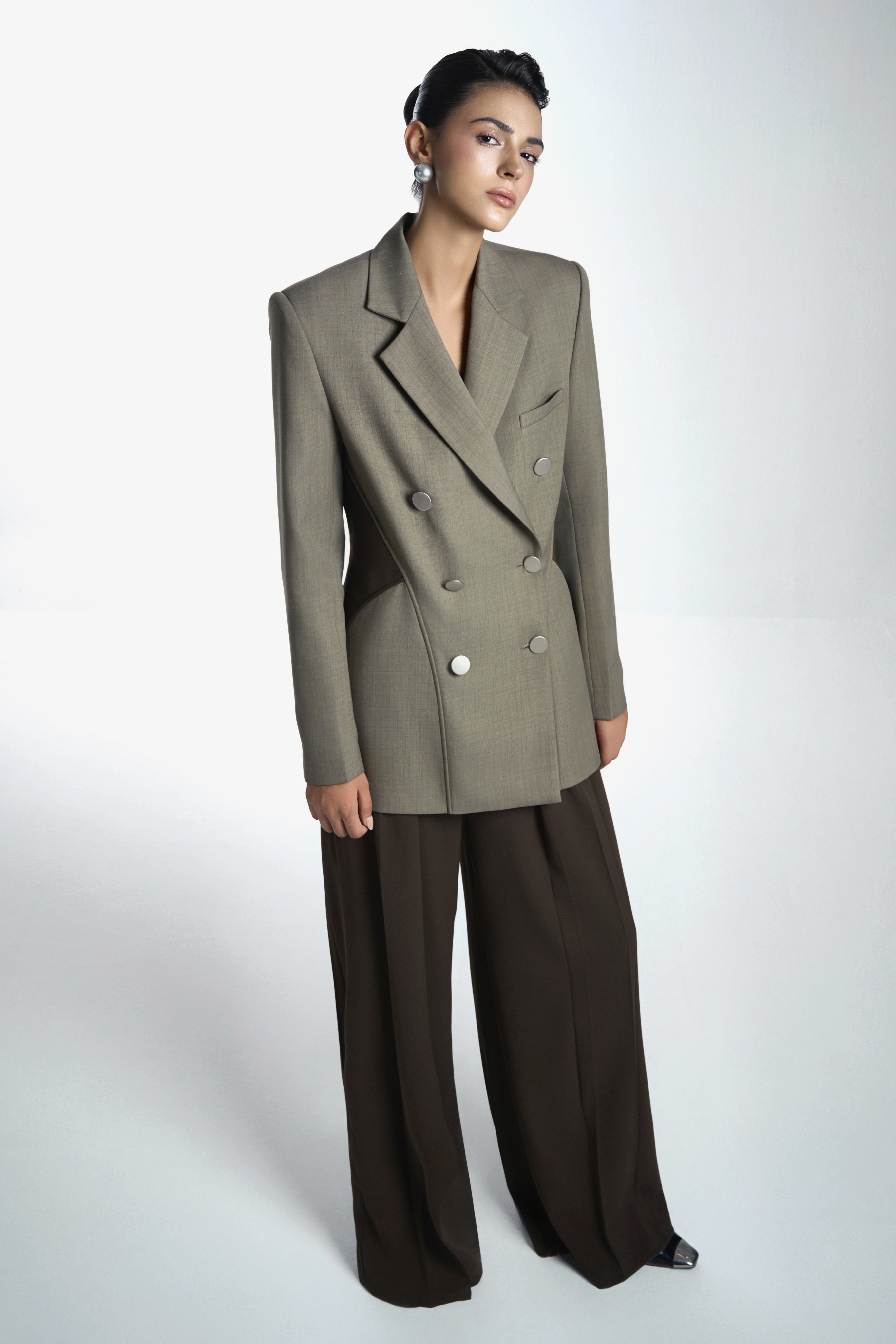 Della Straight Double Breasted Khaki Blazer