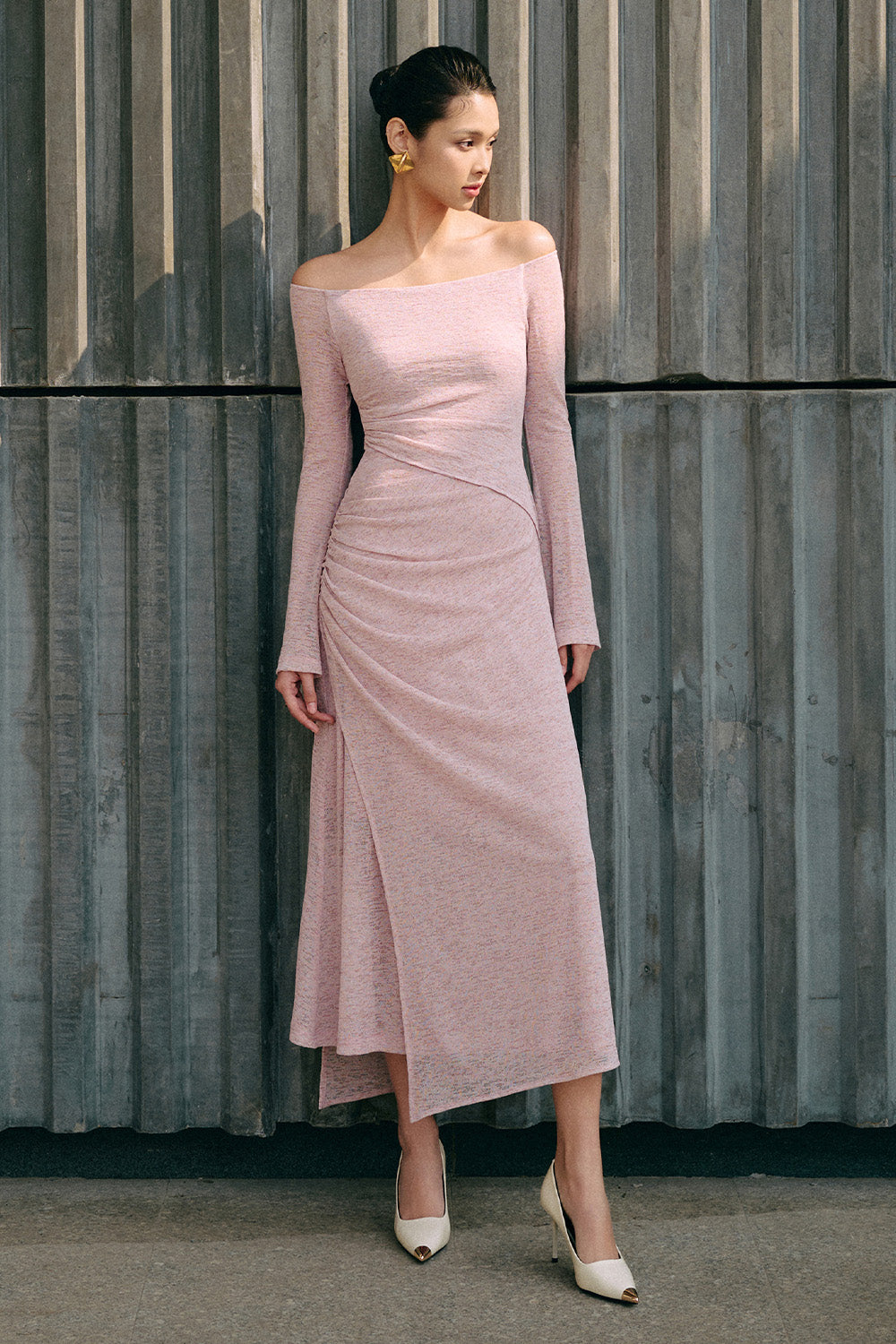 Blossom A-line Off-Shoulder Spandex Midi Dress