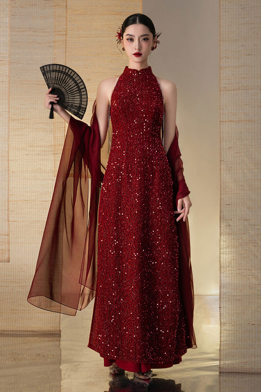 Chu Sa A-line Sleeveless Sequin Floor Length Ao Dai