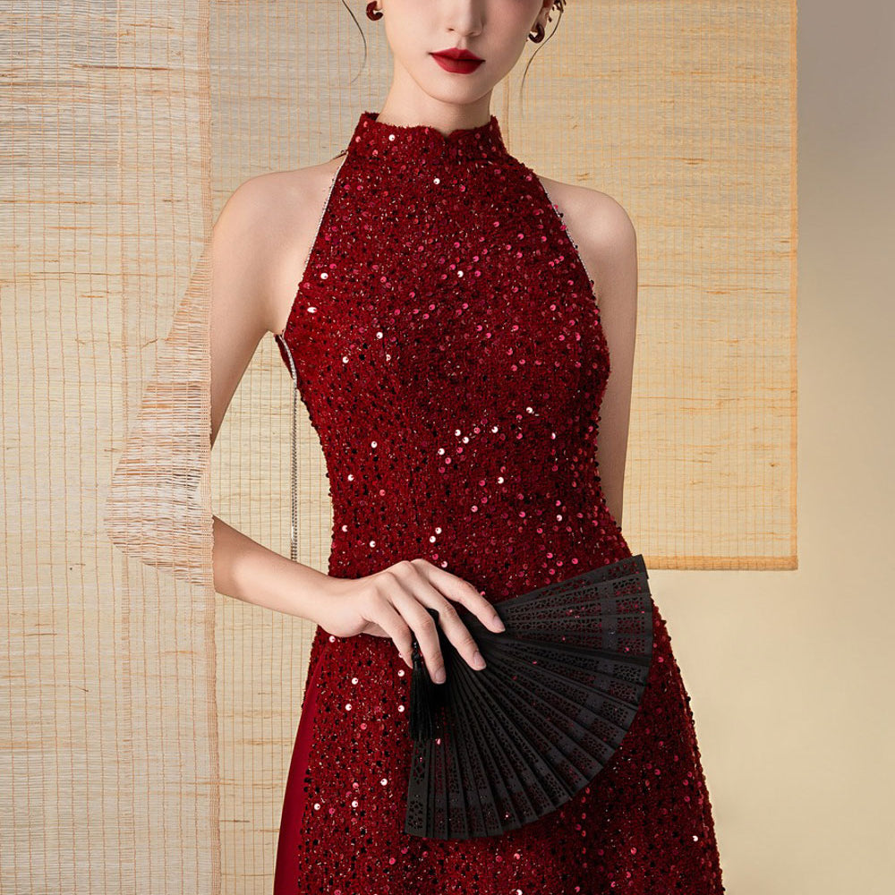 Chu Sa A-line Sleeveless Sequin Floor Length Ao Dai Set