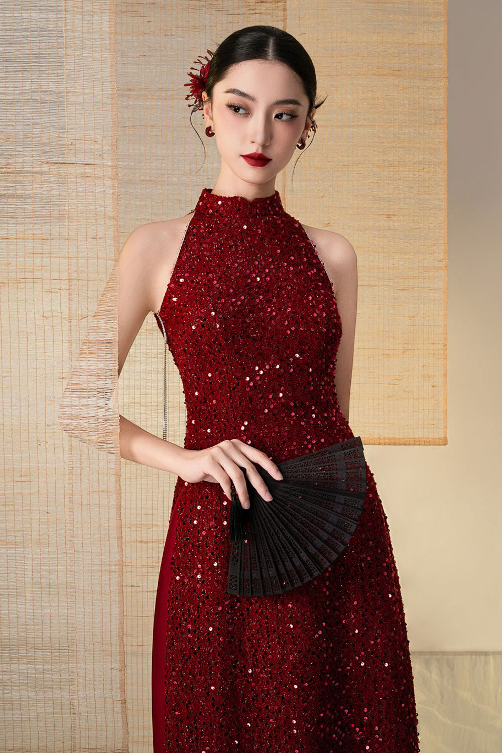 Chu Sa A-line Sleeveless Sequin Floor Length Ao Dai Set