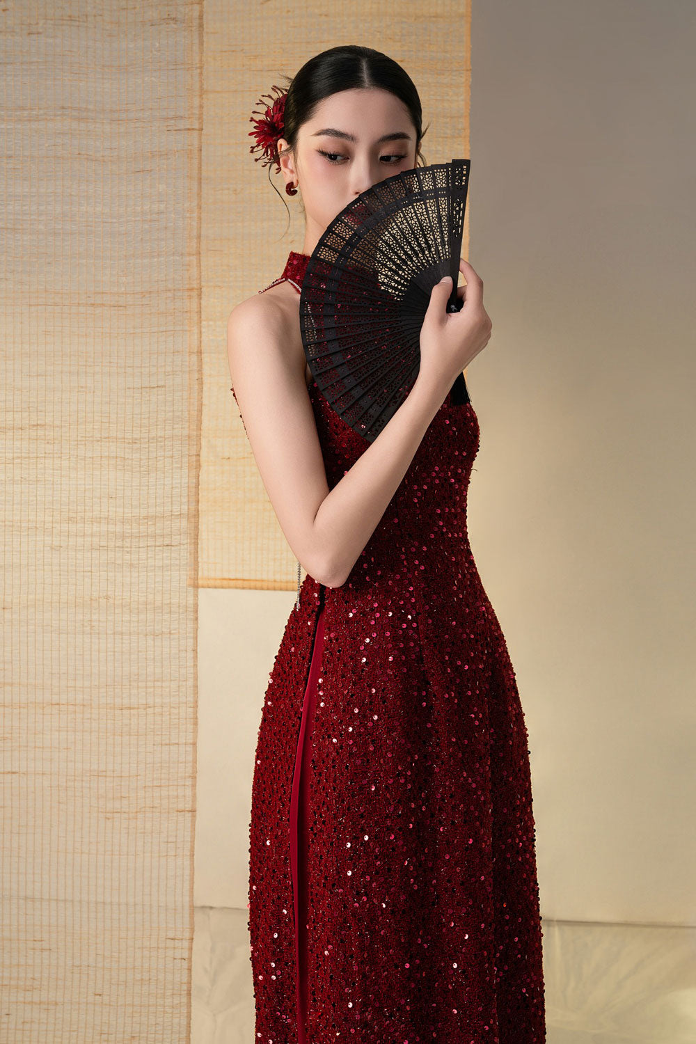 Chu Sa A-line Sleeveless Sequin Floor Length Ao Dai Set