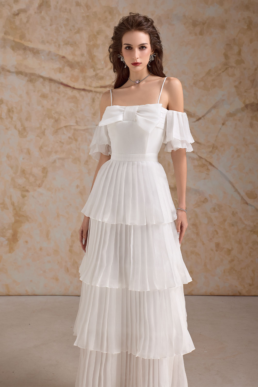 Chantoria Layered Square Neck Silk Organza Floor Length Dress