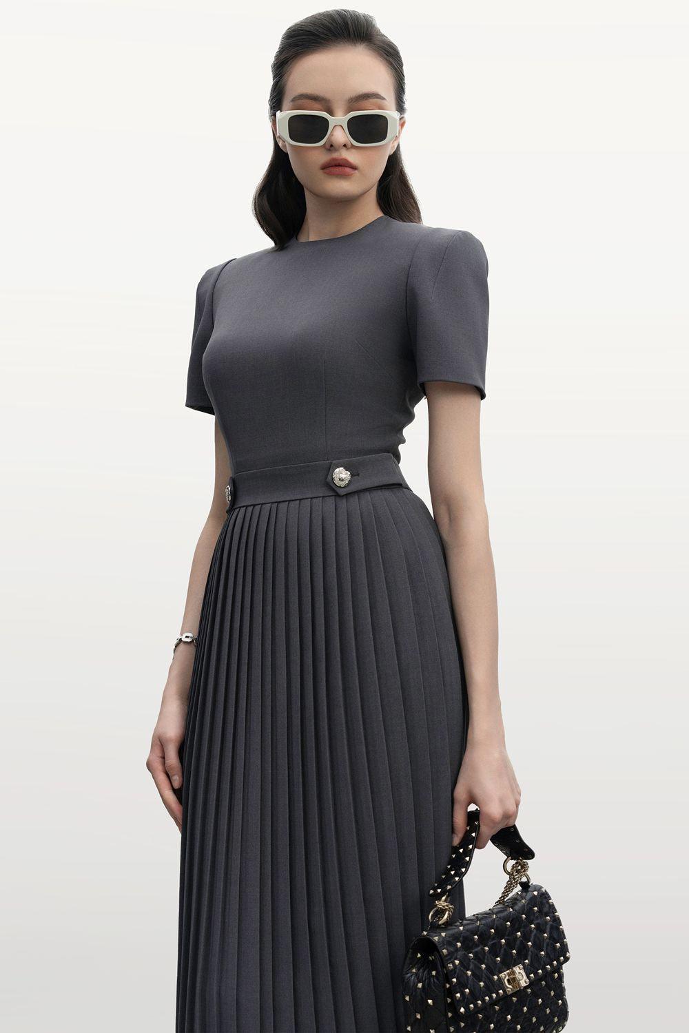 Women's Gabriella Pleated Round Neck Punto Midi Dress S/M/L/XL/Customize Bordeaux/Dark Grey/Dark Brown Mean Blvd XL / Dark Grey