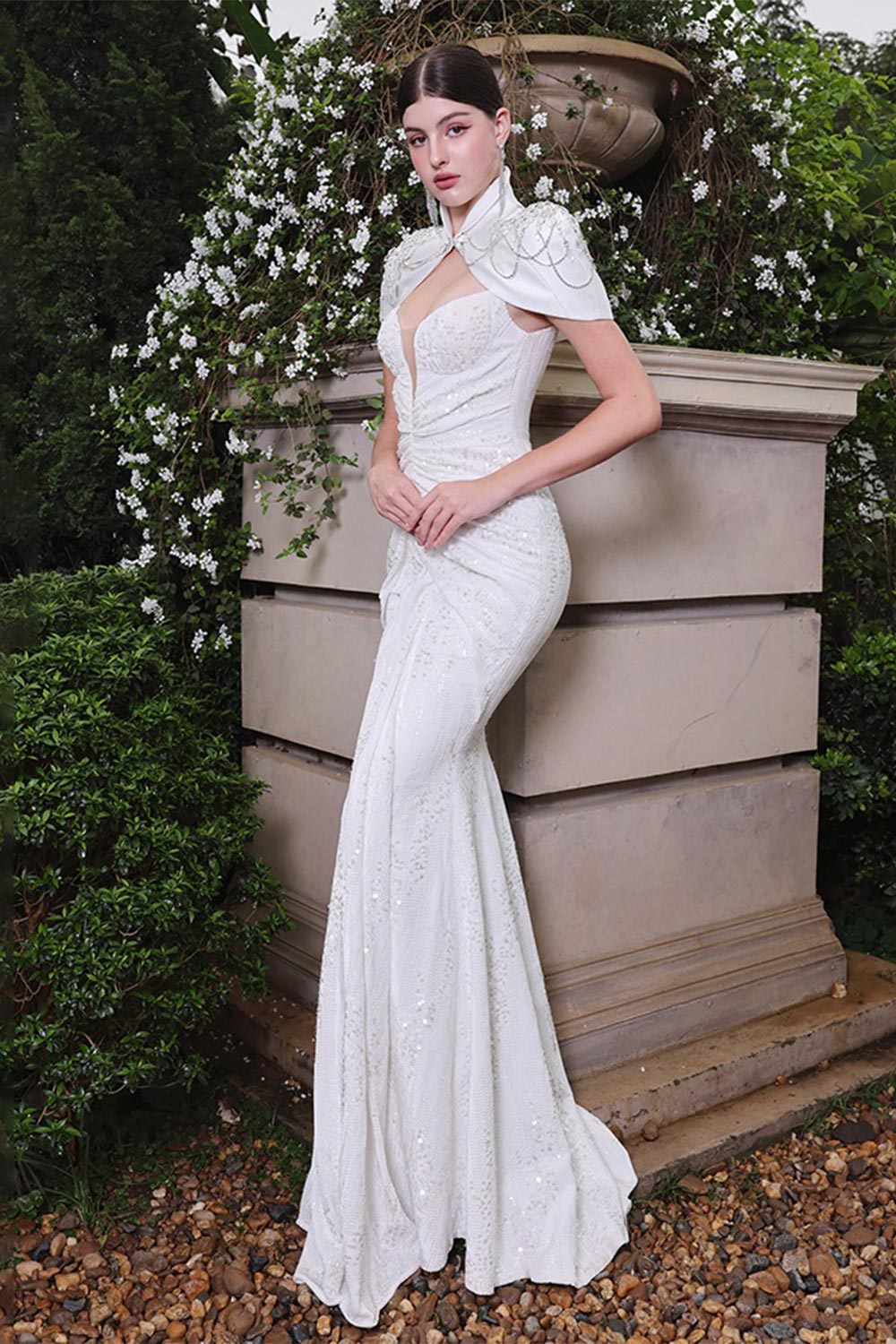 Majestic Sarong Cape Shoulder Sequin Floor Length Dress