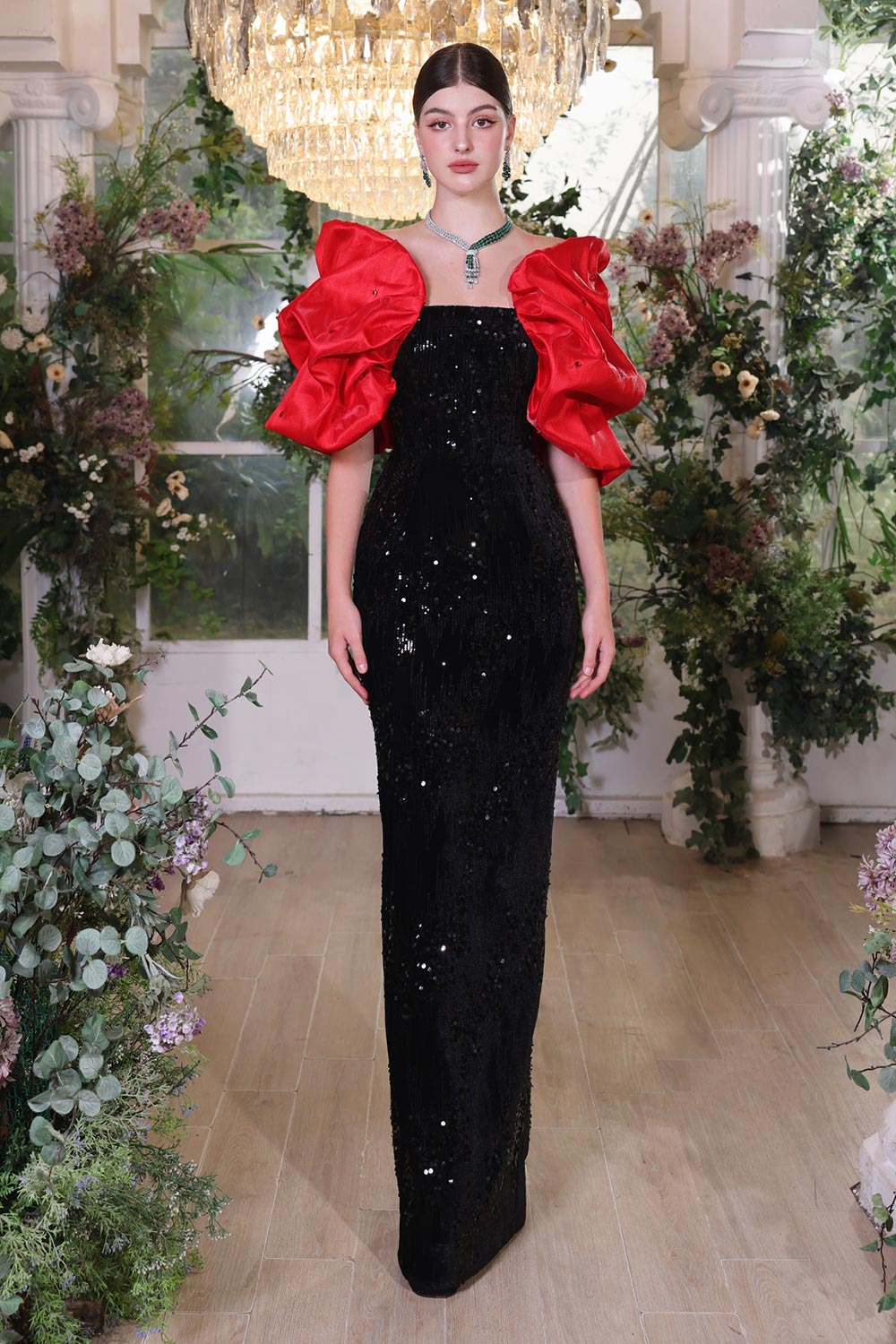 Women's Mystic Bodycon Off-Shoulder Velvet Floor Length Dress S/M/L/Customize Black/Red Mean Blvd Black/Red / S