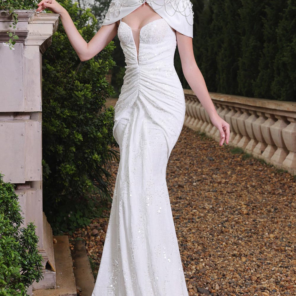 Majestic Sarong Cape Shoulder Sequin Floor Length Dress