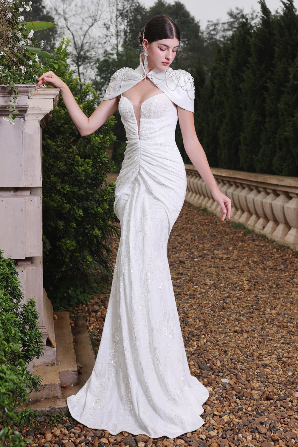 Majestic Sarong Cape Shoulder Sequin Floor Length Dress