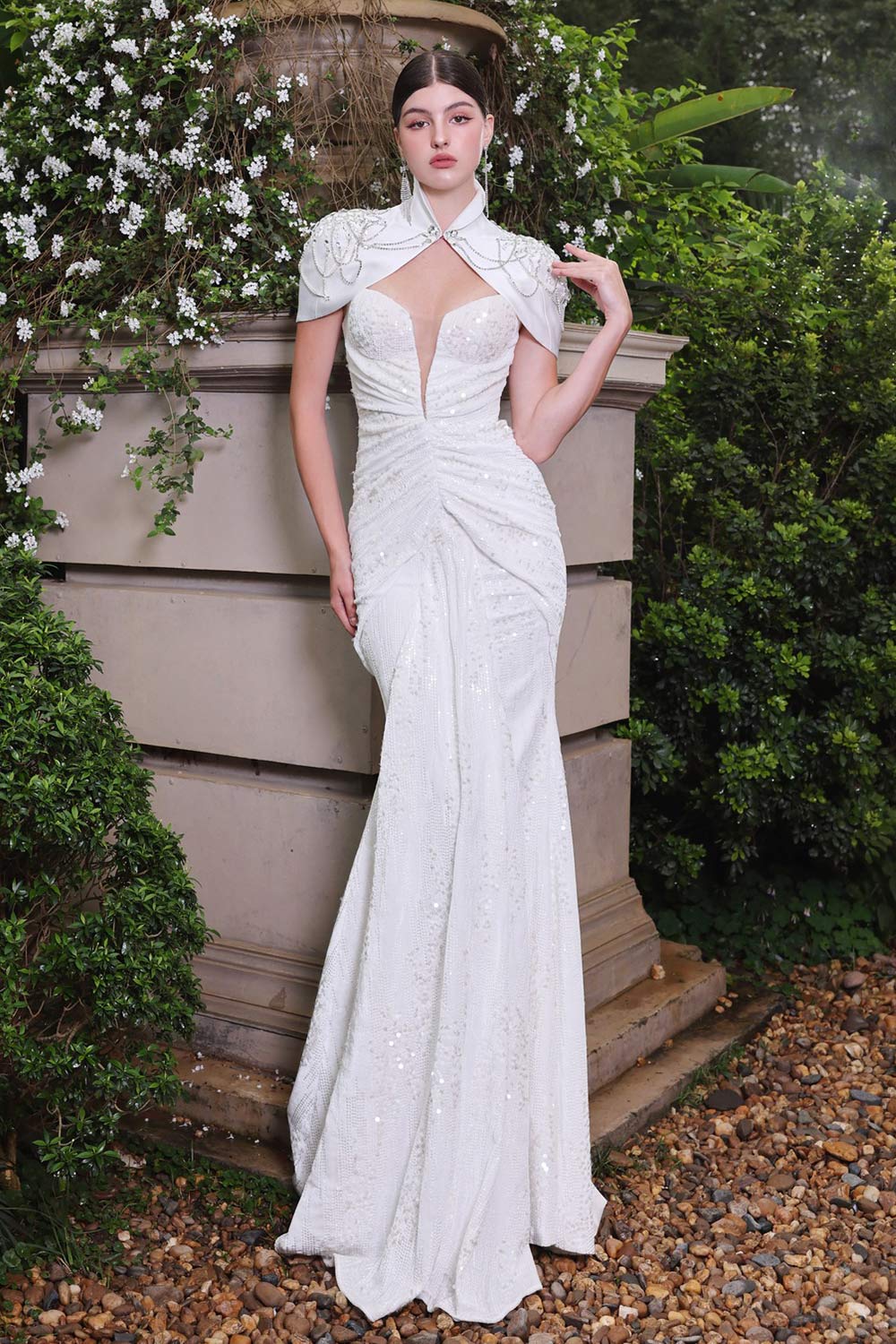 Majestic Sarong Cape Shoulder Sequin Floor Length Dress